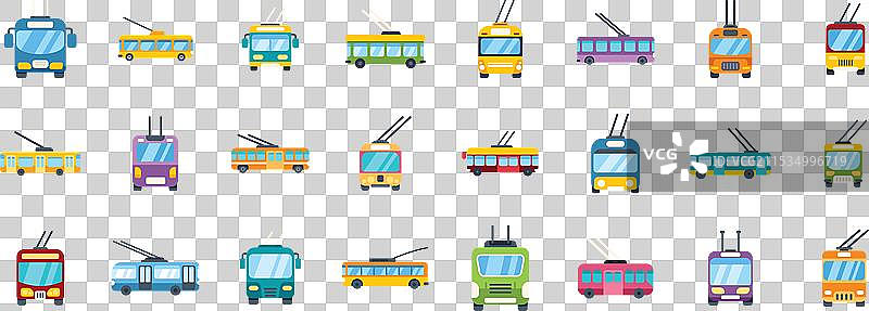 一组显示公共交通的无轨电车图标图片素材