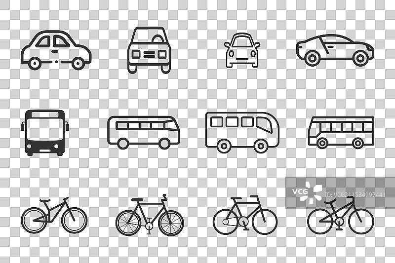 汽车、公交车和自行车交通工具图标集图片素材