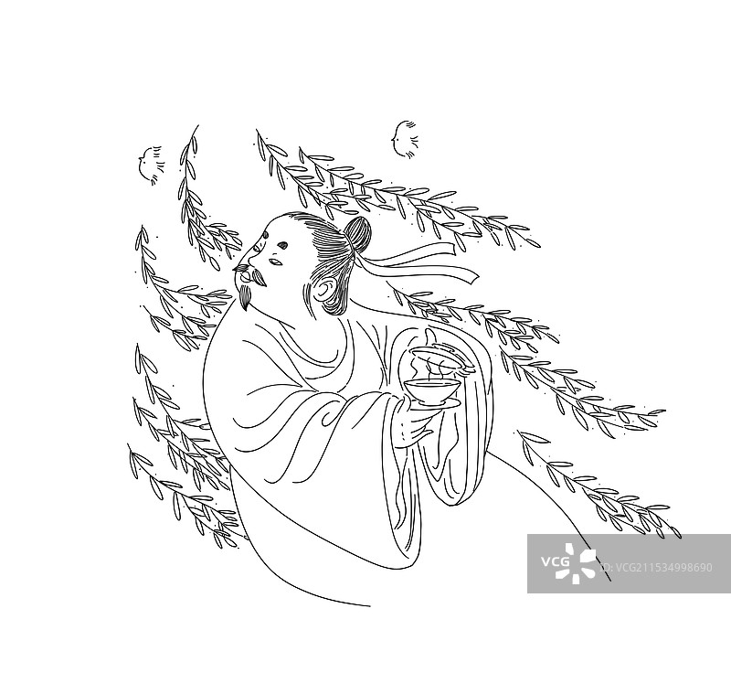 春晓古代诗词配图喝茶扭头看鸟的诗人与柳树叶子风景插画图片素材