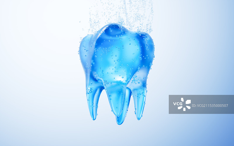 透明牙齿与水珠气泡三维渲染图片素材