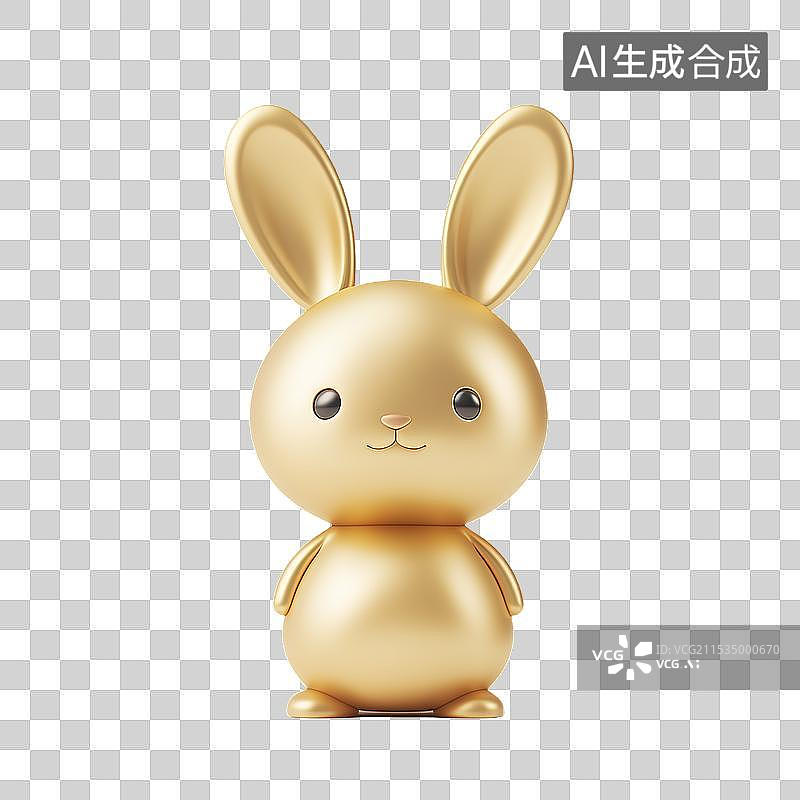 【AI数字艺术】一只金色兔子可爱的3D插画金箔中国生肖兔年传统文化财富金融储蓄和投资摆件收藏透明背景图片素材