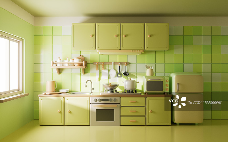 卡通风格厨房与厨具三维渲染图片素材