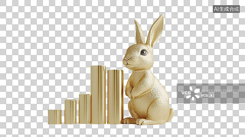 【AI数字艺术】一只金色兔子3D插画上升趋势的条形柱状图金箔生肖兔年新年摆件财富金融储蓄和投资黄金市场背景图片素材
