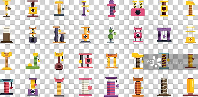 一组不同的猫抓柱，带有悬挂玩具图片素材