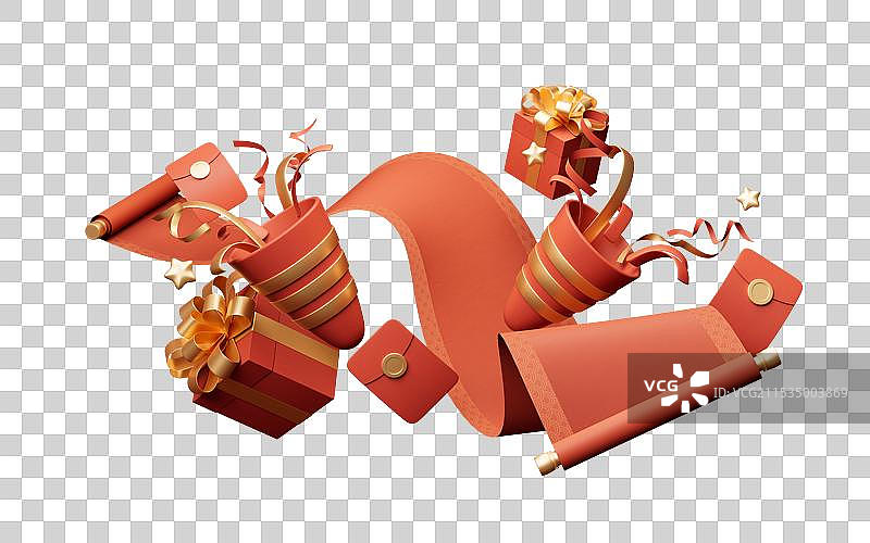 红色中国风卷轴与节日元素三维渲染图片素材