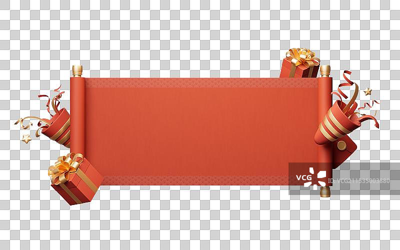 红色中国风卷轴与节日元素三维渲染图片素材