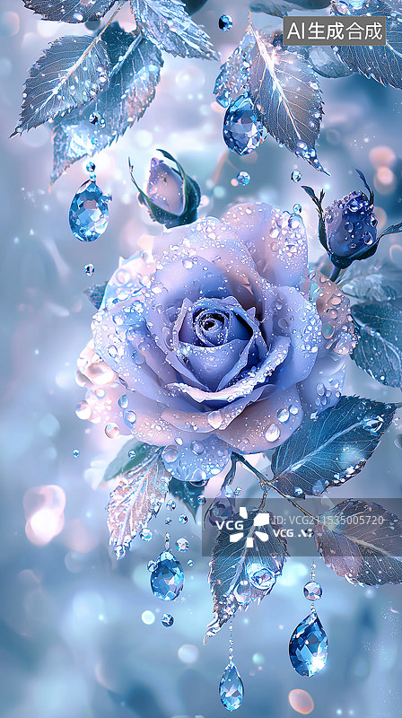 【AI数字艺术】晶莹剔透的蓝色冰玫瑰图片素材