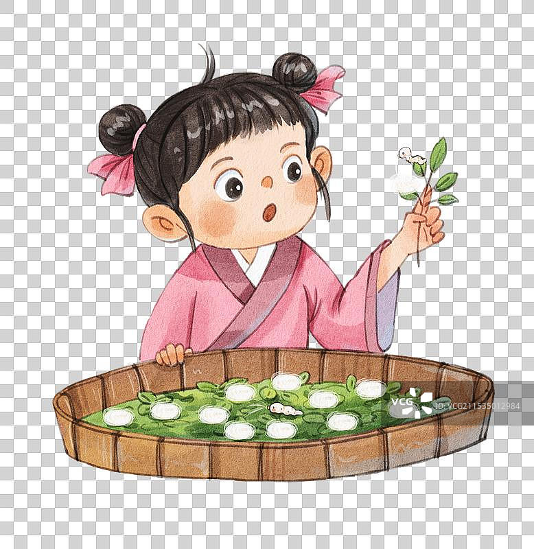 手绘水彩之古风女孩簸箕蚕圆吐丝免抠元素图片素材