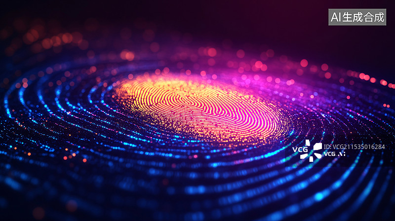 【AI数字艺术】紫色和蓝色相间的渐变色，彩色光点组成的独特指纹图案，科技感和未来感图片素材
