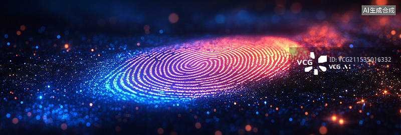 【AI数字艺术】紫色和蓝色相间的渐变色，彩色光点组成的独特指纹图案，科技感和未来感图片素材