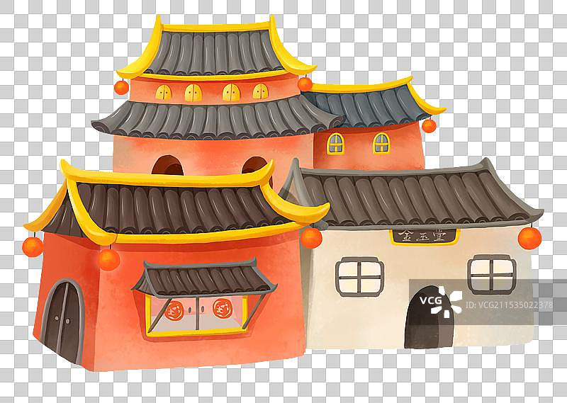 春节年俗插画设计元素城市街道复古建筑房屋图片素材