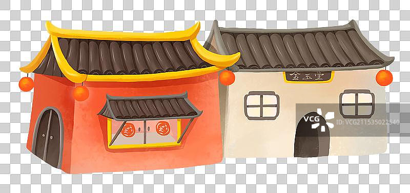 春节年俗插画设计元素城市街道复古建筑房屋图片素材