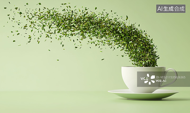 【AI数字艺术】茶叶飞往茶杯抽象品茶绿茶茶包装绿色背景图片素材