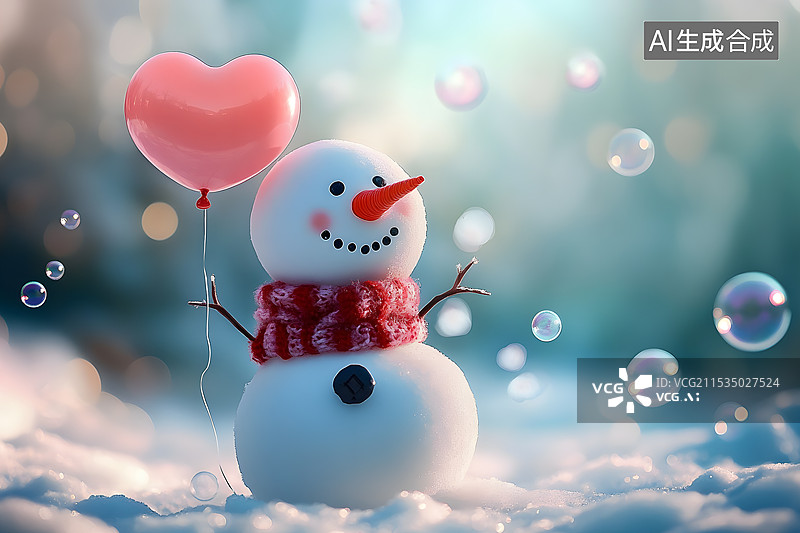 【AI数字艺术】拿着爱心气球的雪人图片素材