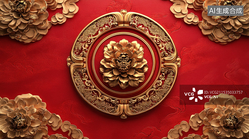 【AI数字艺术】中国风花纹雕刻质感红色背景图片素材