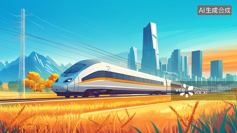 【AI数字艺术】城市天际线背景田野中行驶的高铁图片素材
