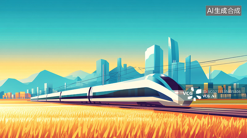 【AI数字艺术】城市天际线背景田野中行驶的高铁图片素材