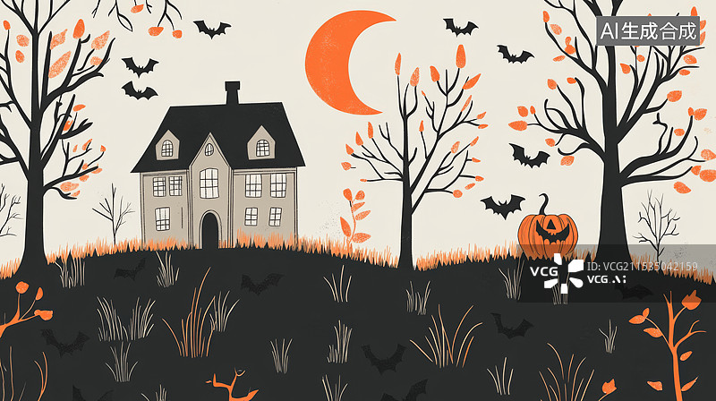 【AI数字艺术】房子月亮配图插画图片素材