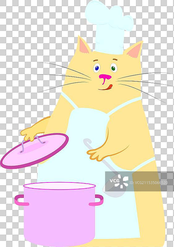 猫 - 炖汤的厨师和一个金属锅在白色背景上图片素材