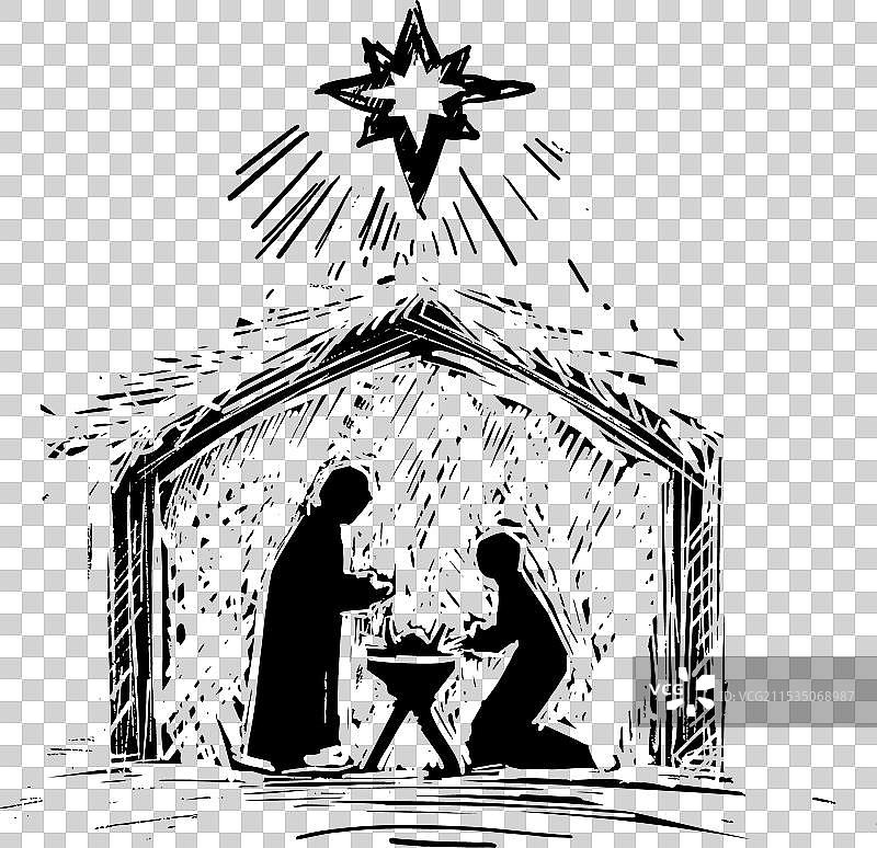 手绘的圣诞场景，玛丽和约瑟图片素材