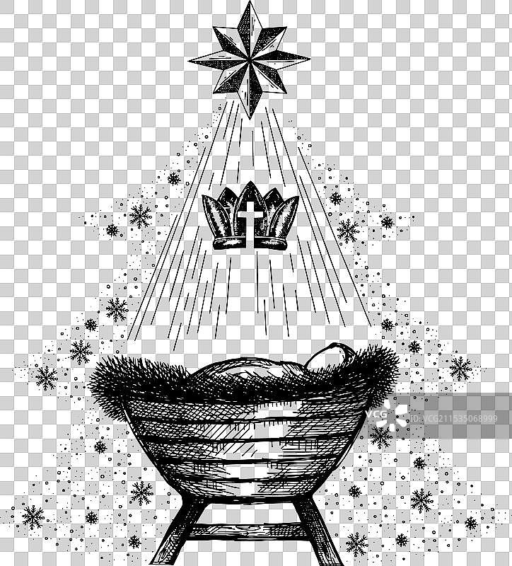 手绘的耶稣诞生场景与马槽图片素材