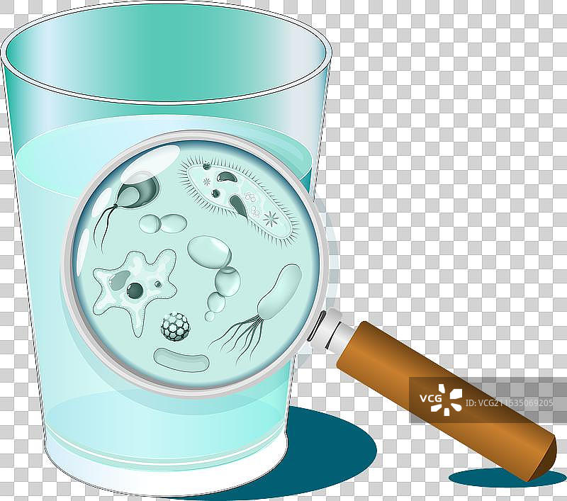 一杯水和放大镜的特写图片素材