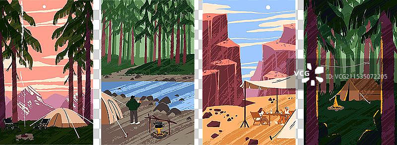 露营地设置背包帐篷，营火在营地中图片素材