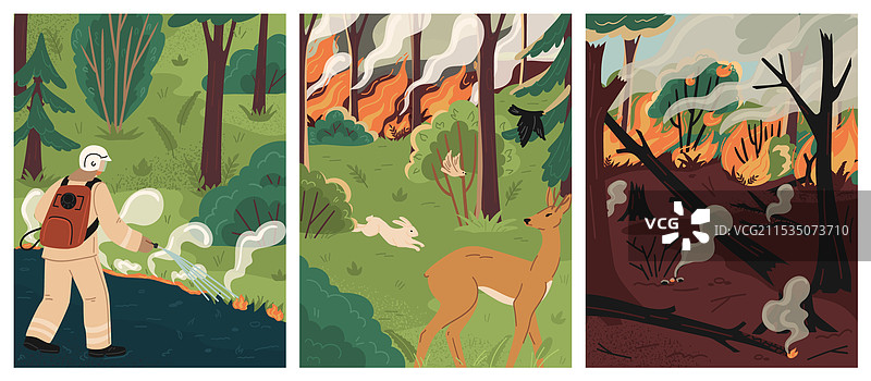 森林火灾场景，惊恐的动物们在奔跑图片素材