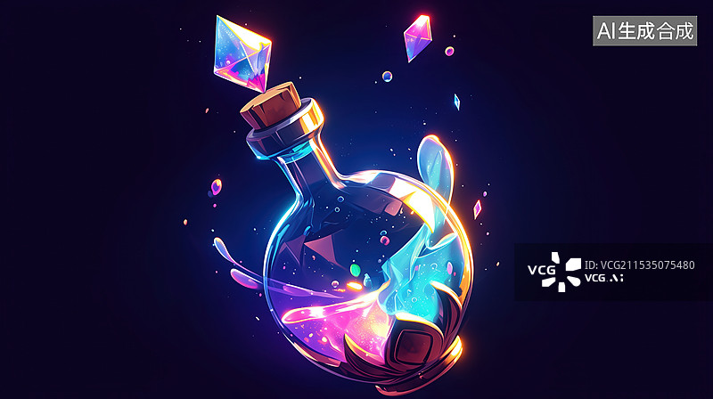 【AI数字艺术】黑底游戏装备荧光色魔法药水3D立体插画图片素材