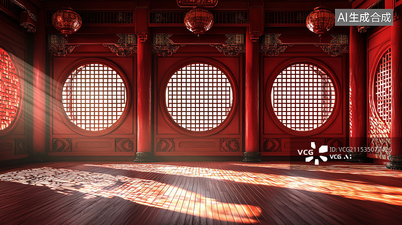 【AI数字艺术】中式风格红色房间的光影效果图片素材