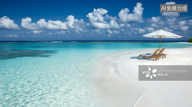 【AI数字艺术】白色沙滩上的躺椅图片素材