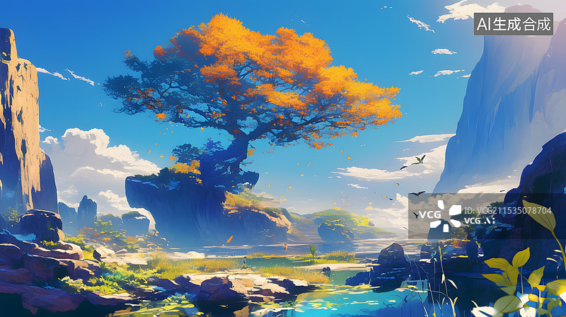 【AI数字艺术】插画类大树与远处山峰游戏画面图片素材