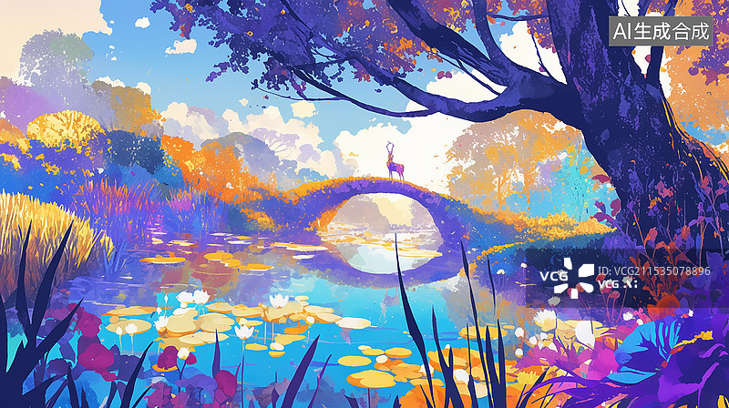 【AI数字艺术】插画类河上一座小桥游戏画面图片素材