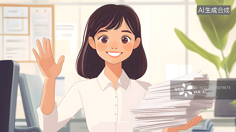 【AI数字艺术】AIGC：手拿资料文件的女职员向你招手打招呼 插图插画图片素材