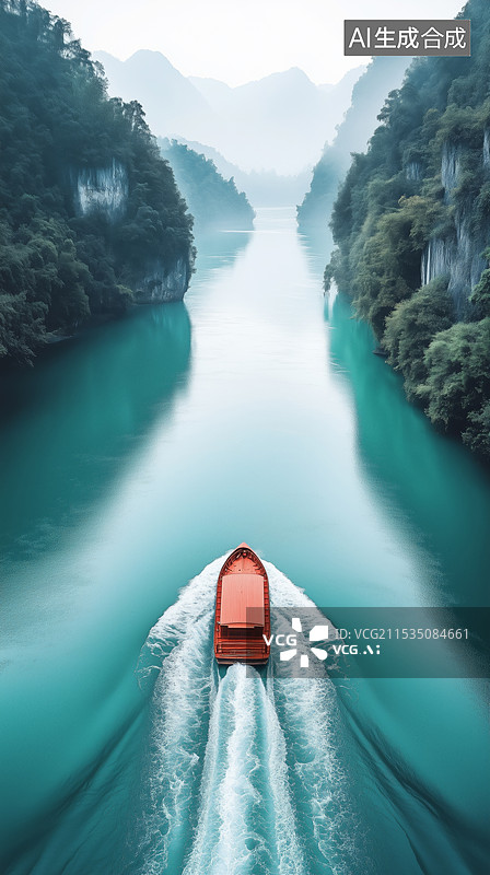 【AI数字艺术】峡谷 河流 航船图片素材