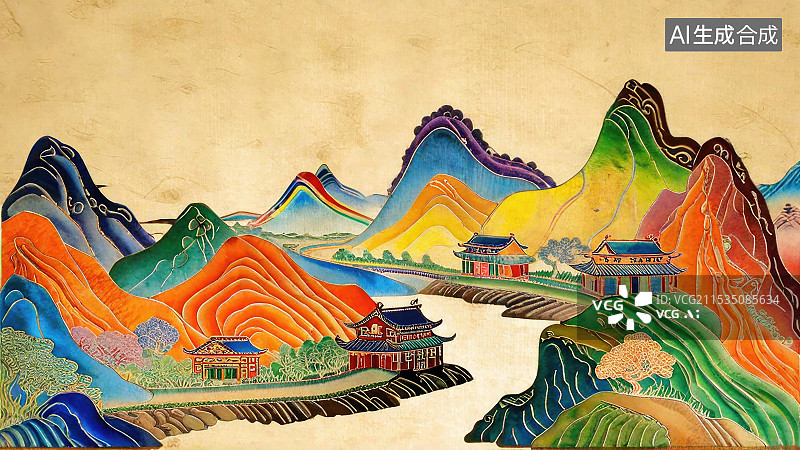 【AI数字艺术】皮影戏剪纸风格的国画山水图片素材