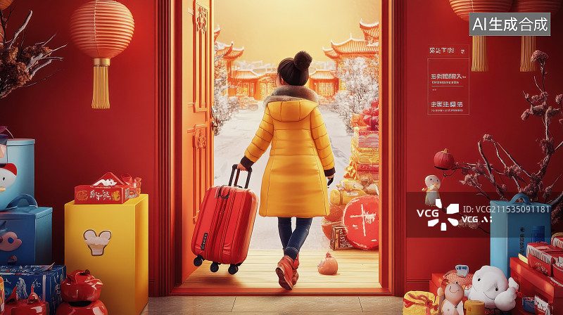 【AI数字艺术】中国新年春节回家过年家门口团圆一家人温馨团聚迎接图片素材