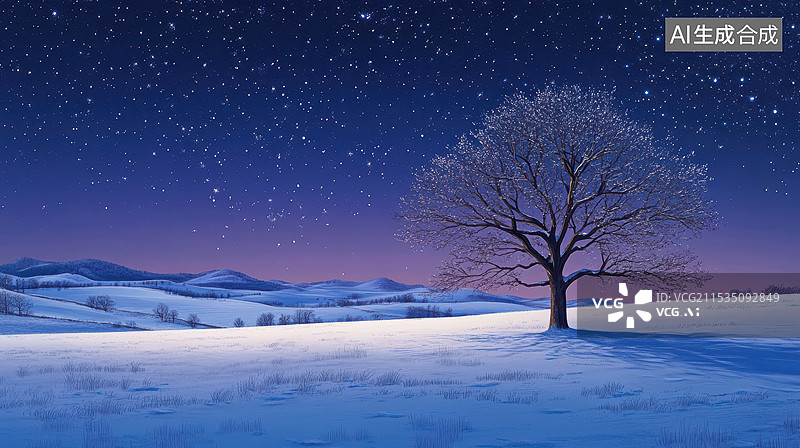 【AI数字艺术】冬夜星空下的寂静树林图片素材