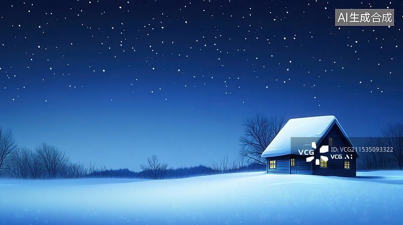 【AI数字艺术】冬夜雪景小屋图片素材