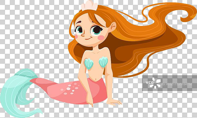 小女孩美人鱼，拥有鱼尾和波浪卷发图片素材