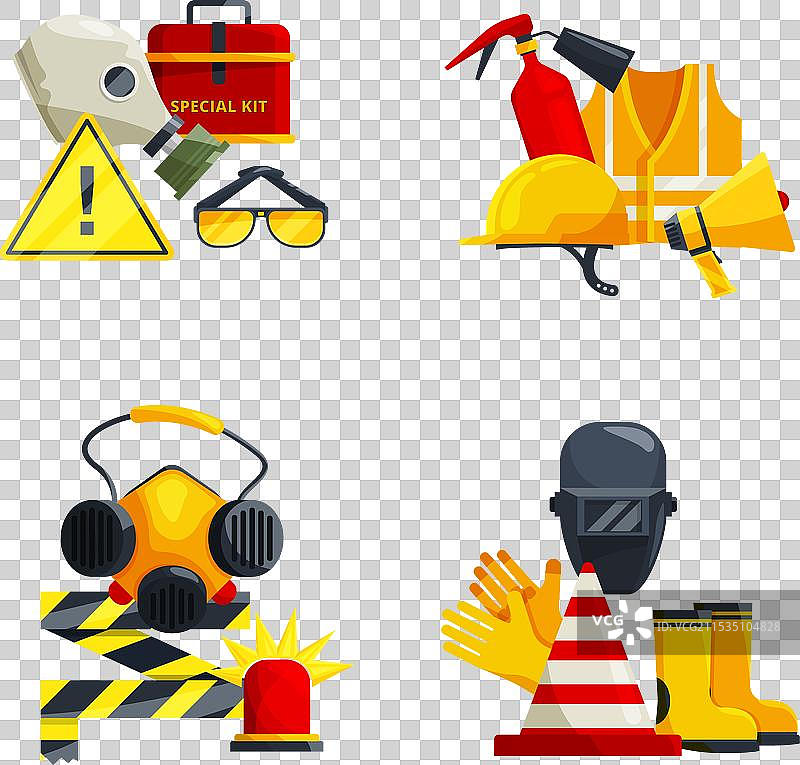 安全设备：头盔、橡胶靴、气体面具图片素材