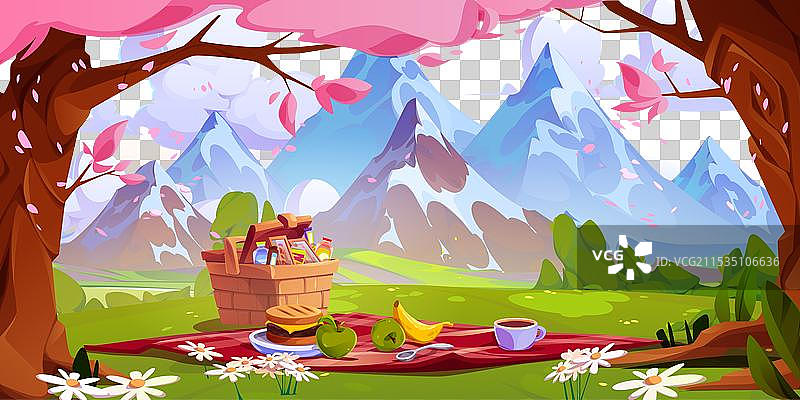 在山脚下的粉色樱花树下的野餐布置图片素材