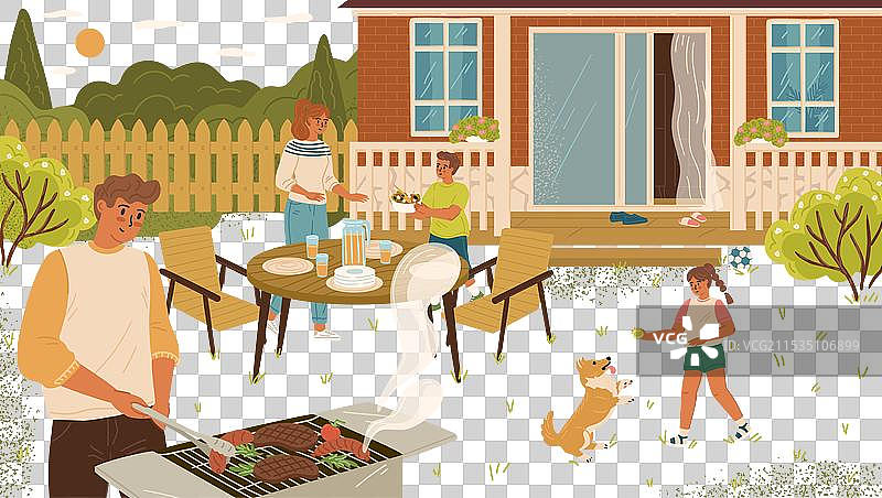 快乐的家庭在小屋里享受烧烤派对图片素材