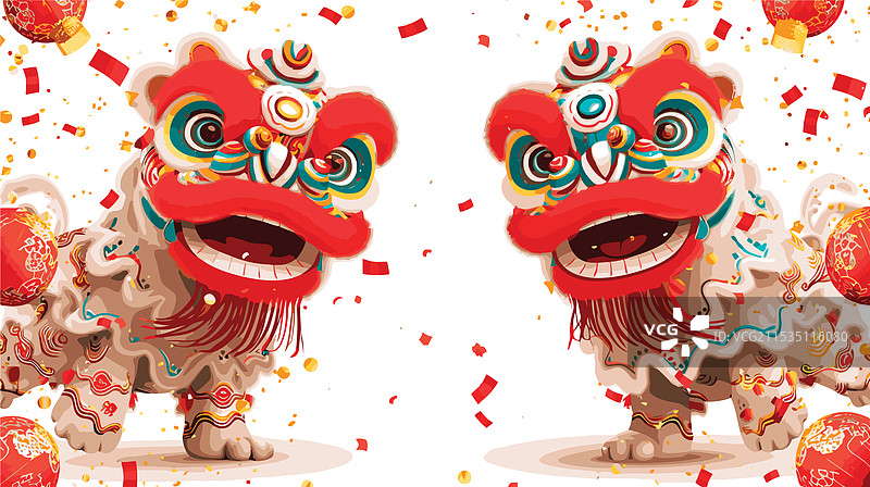 白色的中国狮子舞庆祝表演图片素材