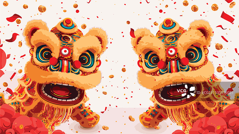 白色的中国狮子舞庆祝表演图片素材