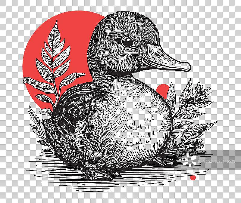 复古版画中的可爱小鸭子图片素材