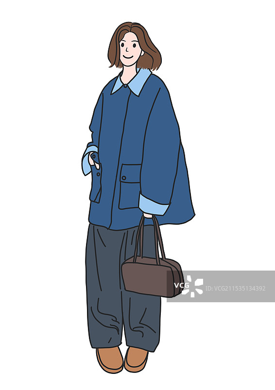 豆豆眼涂鸦风时尚穿搭全身女扁平简约插画图片素材