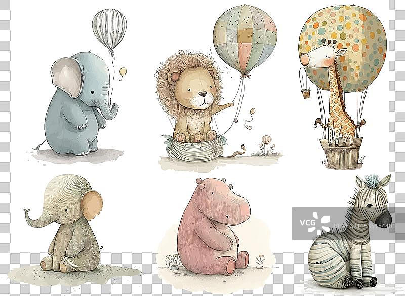 可爱的婴儿动物与热气球图片素材