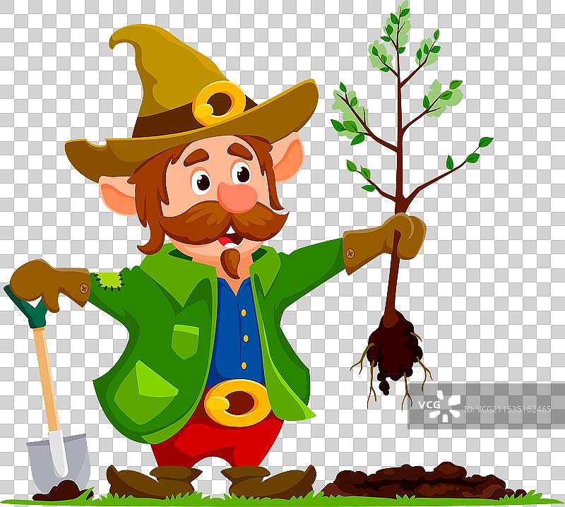 卡通小矮人在花园里种树图片素材