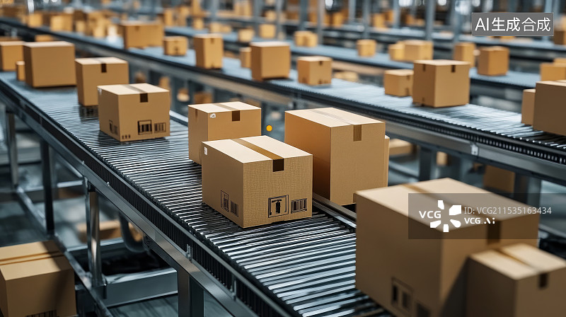 【AI数字艺术】智能传送带上的快递包裹，智慧物流概念图片素材